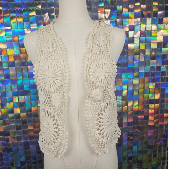 Jackets & Blazers - Vintage Handmade Crochet Vest Womens One Size Cream Boho Festival Sunbeam Design